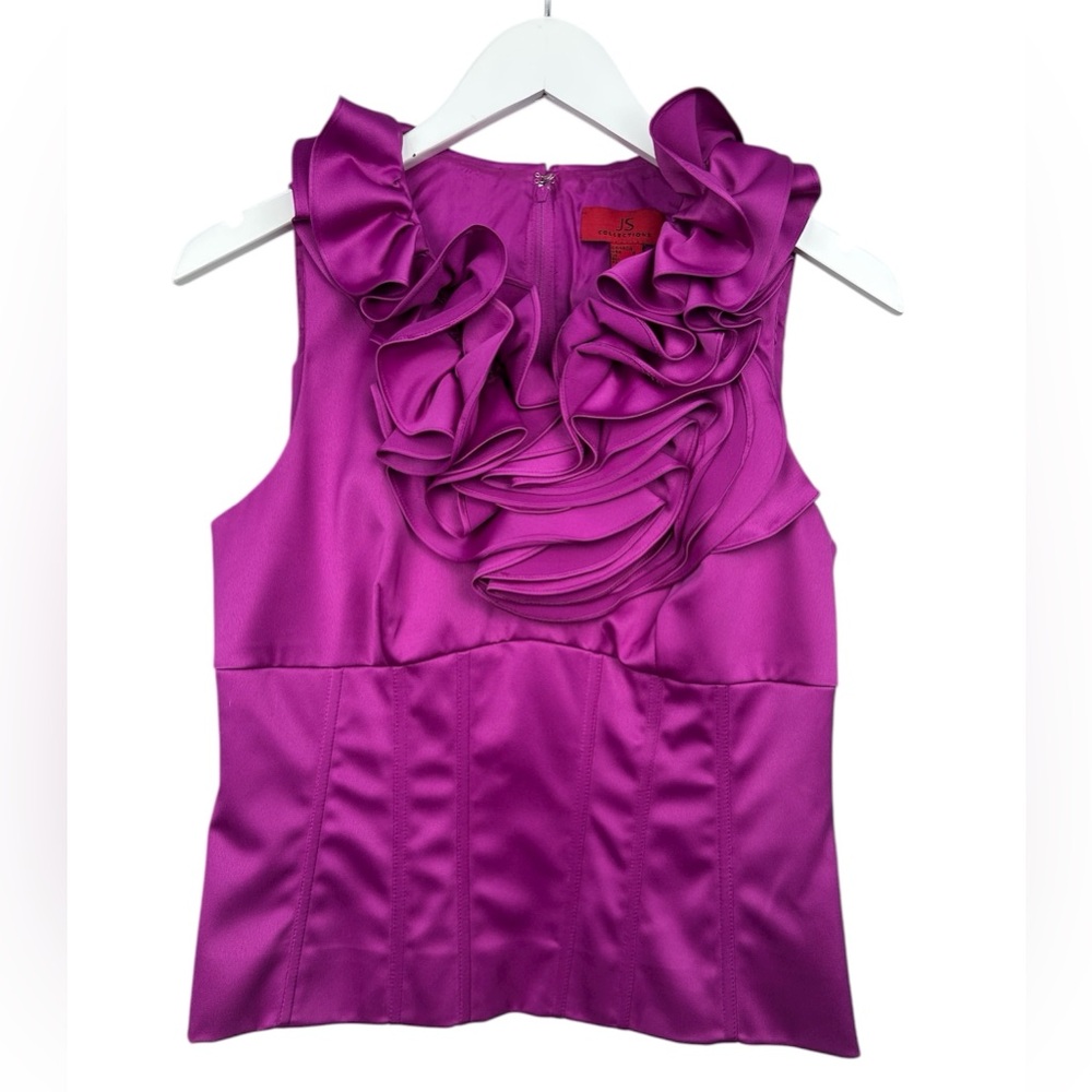 JS Collections Satin Purple Ruffle Neck Corset Top Blouse Size 8